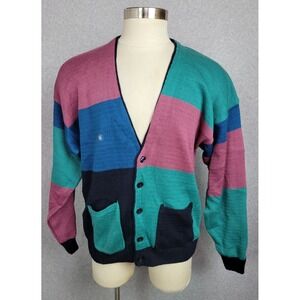 Vtg NWT Azia Mens‎ Colorblock Cotton Blend Cardigan Sweater L